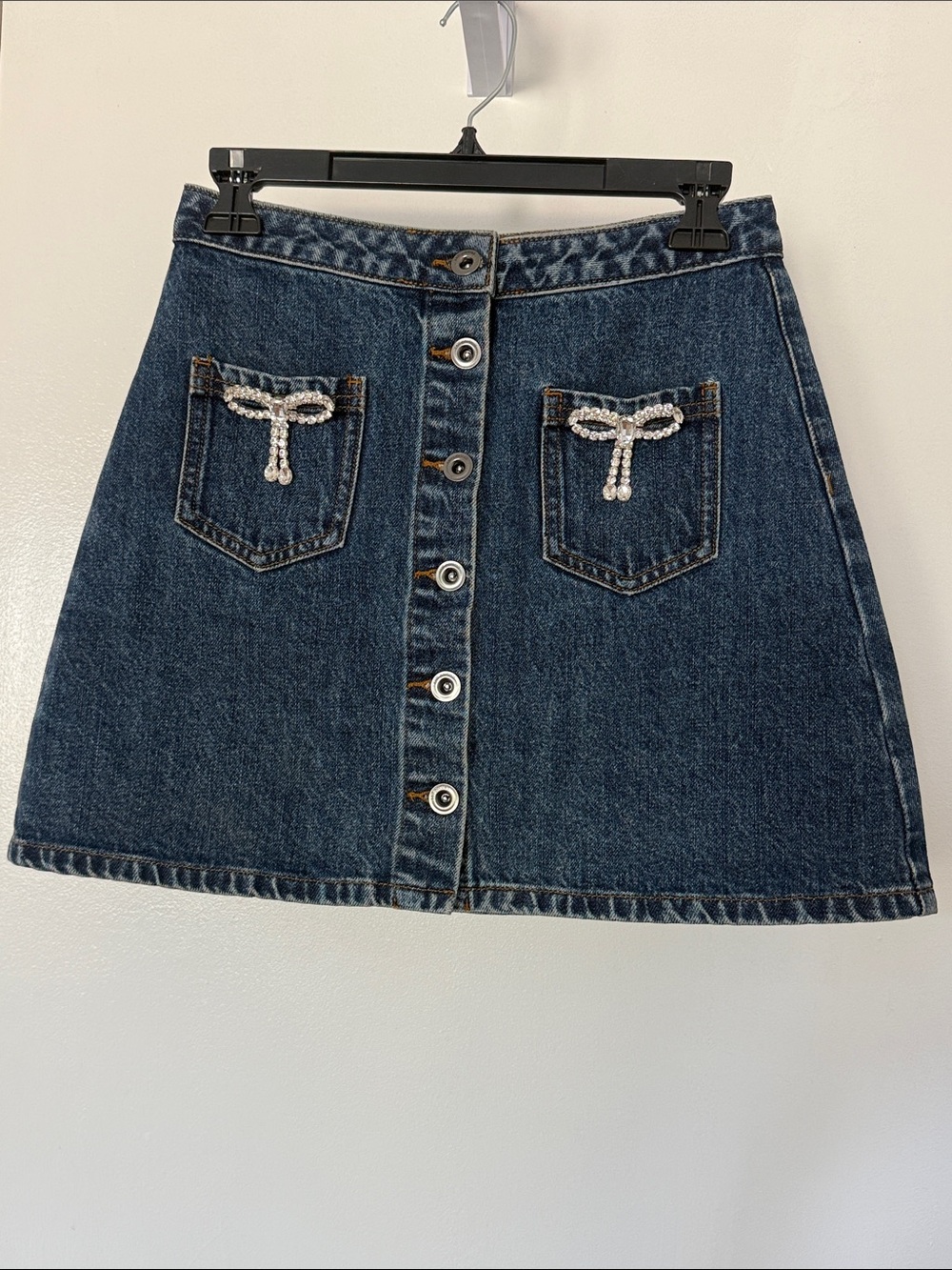 SELF-PORTRAIT Size 4 Diamante Bow Rhinestones Denim Mini Skirt